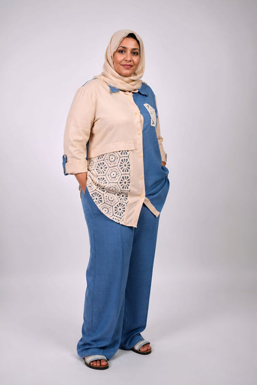 Naila Beige & Blue Linen Suit